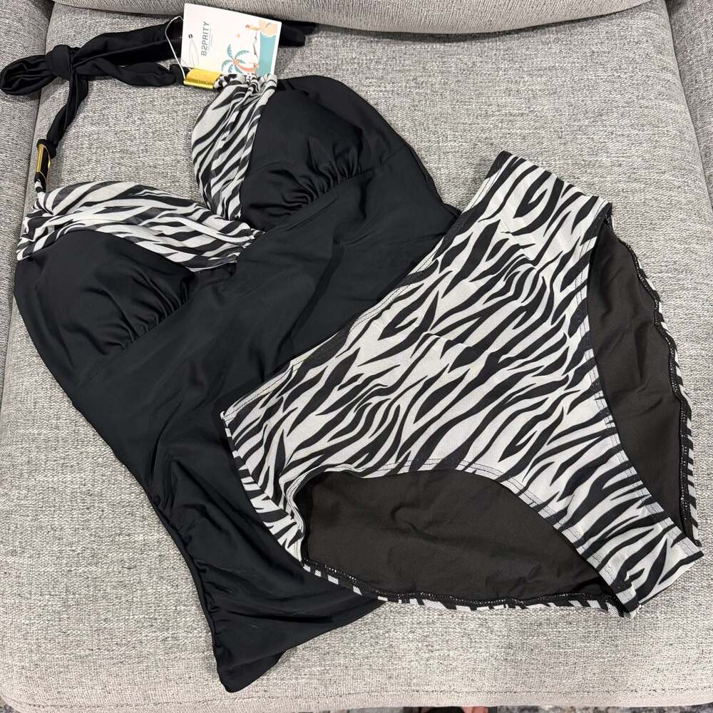 B2PRITY Zebra Print Halter Tankini Swimsuit Set